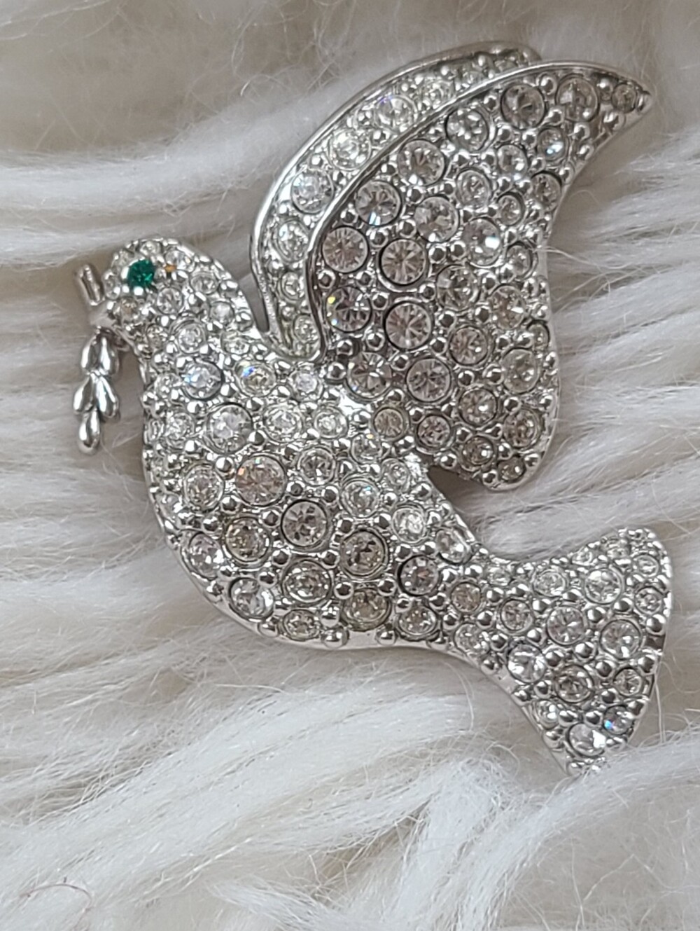 Swarovski Silver Crystal Dove Brooch W/ Green Eye- Excellent Vintage Condition